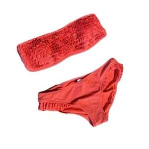 Vintage Y2K Mossimo Orange Ruffled Strapless Bikini Set